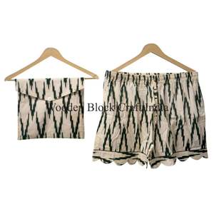 Conjunto de Pijama Corto de Verano para Mujer, Ropa de Dormir de Algodón Estampada a Mano, Ropa de Dormir Suave con Detalles Hechos a Mano para Mujer - Product Image 4