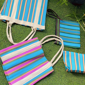 Sac à provisions en nylon à fermeture éclair réutilisable écologique personnalisé sacs de plage en plastique recyclé tissé à la main à rayures fabriqués en Inde - Product Image 1