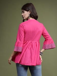 Haut d'été en coton à manches longues et col rond, imprimé floral, coupe trapèze, pour femme, personnalisé, vente en gros, dernière collection, OEM en vrac - Product Image 6