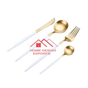 Cubiertos de metal con acabado blanco y dorado llamativo en cubiertos de uso doméstico y hotelero de primera calidad en Whoelsale Raste Best Seller - Product Image 1