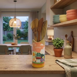 Porte-ustensiles de cuisine décoratif en bois de teck naturel, fait main, durable, peint à la main, organiseur de vaisselle japonais - Product Image 1