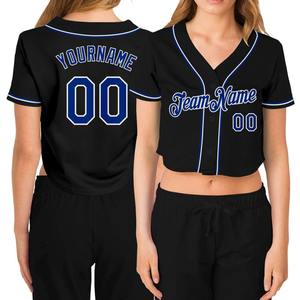 Meilleures ventes Maillot de baseball court à col en V noir et blanc royal pour femmes, vêtements d'équipe personnalisés - Product Image 1