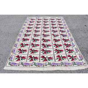 พรมขนแกะตุรกีโบราณขนาด5.2 x 7.6ft โมเดิร์นทรงสี่เหลี่ยมผืนผ้าดีไซน์แบบปะต่อสำหรับวัยรุ่นยางมีพื้นหลัง - Product Image 1