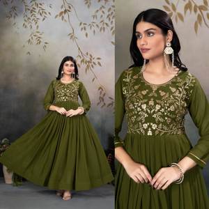 Mehndi Colour Design Faux Georgette Embroidery Evening <b>Night</b> Party Special V Neck Long Length Fancy Kurti Set At Wholesale - Product Image 3