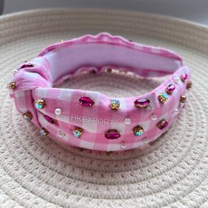 Handmade Gingham <b>Headband</b> <b>Jeweled</b> Knot <b>Headband</b> for Game Day School Football Accessories Pink <b>Headband</b> for Women - Product Image 1