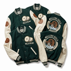 Veste universitaire en gros avec manches en cuir, broderie roue de moulin à eau en laine et patch grain de pagaie - Product Image 3