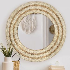 Espejo de ratán hecho a mano ecológico bohemio moderno con marco de madera natural para sala de estar y comedor decoración del hogar - Product Image 1