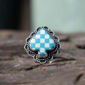 Unique Turquoise Checkered Cabochon <b>Ring</b> , 925 Sterling <b>Silver</b> <b>Ring</b>, Handmade <b>Ring</b>, Checker Spades Gemstone <b>Ring</b> - Product Image 1