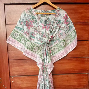 Lujo verano ligero algodón indio caftán hecho a mano Floral bloque estampado palabra de longitud playa cubierta vestido Natural lavable - Product Image 1