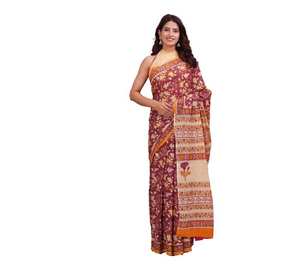 Malmal Sari en coton élégant pour femmes beau style Bollywood imprimé dessiné à la main pour les fêtes vêtements d'été - Product Image 3