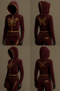 Conjunto de chándal de terciopelo granate para mujer al por mayor con capucha bordado de mariposa y cremallera Sudadera con capucha pantalones acampanados Athleisure traje de dos piezas - Product Image 2