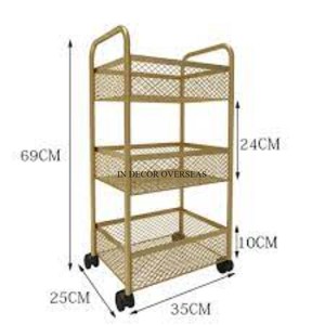 High Grade Gold Plated Premium Quality Metal WIre Made 3 Tier <b>Kitchen</b> Gadgets And Item Storage <b>Racks</b> With Wheels From India - Product Image 1