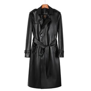 Chaqueta de moda británica clásica para hombre, gabardina larga hasta la rodilla de cuero genuino, chaleco grueso con cuello levantado y doble botonadura - Product Image 1