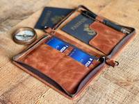 Portefeuille de voyage personnalisé en cuir véritable, durable, vintage, avec fermeture éclair, bouton-pression, porte-cartes sécurisé, pliable en deux