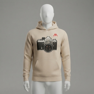Sudadera con Capucha MATTIERA para Hombre, Color Beige, con Gráfico de Cámara y Logotipo Rojo, de Forro Polar, Estilo Urbano, Informal, Personalizable, Venta al Por Mayor, OEM, ODM - Product Image 1