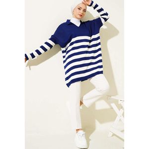 Tunique Col Chemise Maille Rayée Bleu Marine - Product Image 3