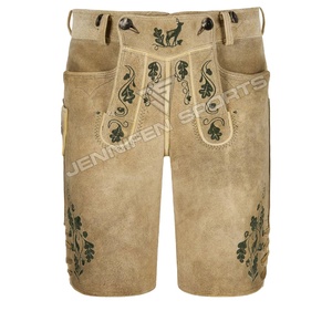 Trachten Style Genuine Herren Suede Leather Men's Lederhosen Botón corto Cierre frontal Bordado Lados Bolsillos Cinturón Loops - Product Image 1