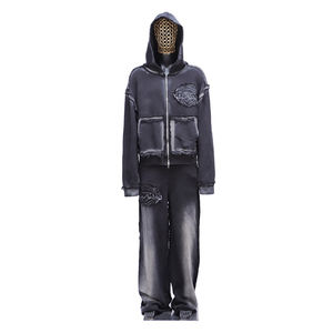 Ensemble survêtement pour homme personnalisé, 100% coton molletonné, surdimensionné, fermeture éclair, effet usé, appliqué brodé, sweat-shirt à capuche, ensemble de survêtement pour homme - Product Image 1