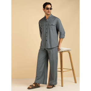 Amanush <b>Men's</b> Gray Cotton Co-Ord Set Mandarin Collar Cuff Sleeves Shirt With Ankle Pants Casual Summer Wear Two Piece Outfit - Product Image 1