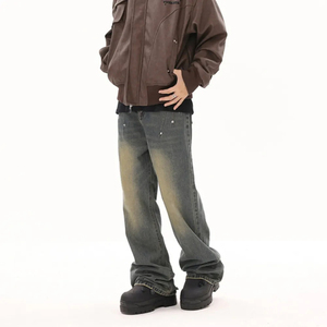 กางเกงยีนส์ผ้ายืดสำหรับผู้ชายกางเกงสตรีทแวร์ทรงตรงเอวสูงซักด้วยหินสีเข้มแบบลำลอง - Product Image 5