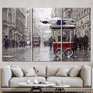Istanbul Landscape Canvas Art: Winter Printed Red Tram Artwork,3P:Gallery <b>Wrapped</b> - Product Image 1
