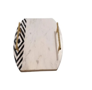 Plateau de service en marbre Rectangle bordé d'or Plateau à bijoux en marbre forme carrée poignée en laiton - Product Image 4
