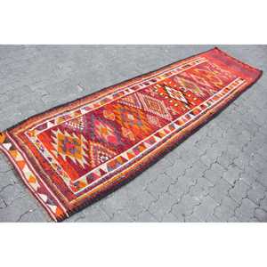 Vintage Turkish Herki Rug 2.8x11.3 ft, <b>Red</b> <b>Runner</b> Check Wool Rug - Product Image 3