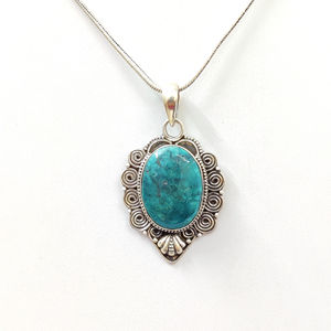 Pendentif Turquoise avec incrustation de diamants et de perles, Or 14K/18K, Or rose, serti clos, plaqué rhodium, Collier de fiançailles tendance, 9,3 grammes - Product Image 1