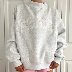 Custom Long Sleeves <b>Loose</b> <b>Pearl</b> Grey Mockneck Pilates Embroider Pullover Sweatshirts Manufacturer for Women - Product Image 5