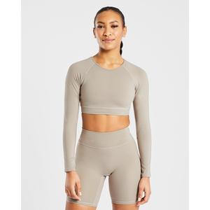 Meilleure vente en sourdine Taupe femmes agrafe manches longues haut court 4 voies Stretch Super doux léger entraînement haut court t-shirts pour les femmes - Product Image 1