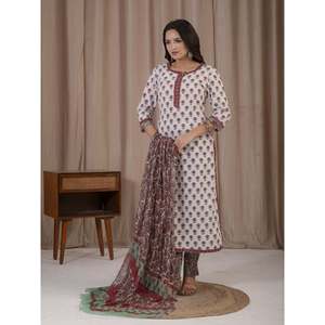 Casual White Red Hand Block Printed Cotton Kurta Pant Set - Product Image 4