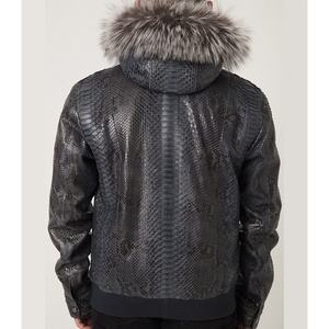 แจ็คเก็ตหนังงูหลามสำหรับผู้ชาย แจ็คเก็ตหนังลายงูหลามพร้อมฮู้ดขนสุนัขจิ้งจอก - Product Image 6