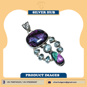 Verre dichroïque et topaze bleue pendentif en argent massif 925 bijoux faits à la main - Product Image 4