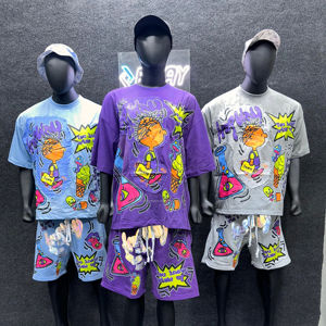 Camiseta de algodón de verano Unisex, conjunto de pantalones cortos con cordón, ropa de calle reflectante lavada con ácido, serigrafía personalizada, prendas de vestir exteriores para hombres - Product Image 1