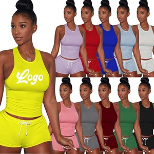 Logo personnalisé Survêtements d'été pour femmes Débardeurs sans manches Jogger Shorts Set Solid Color Fitness Two Piece Biker Set - Product Image 6
