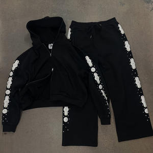 Jogging thermique personnalisé OEM pour hommes, survêtement, sweat à capuche à double fermeture éclair avec strass, pantalon de survêtement évasé, survêtement d'hiver avec logo - Product Image 6