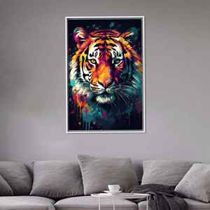 Tableau sur toile imprimé de tigres, décoration murale abstraite élégante, encadré blanc - Product Image 1
