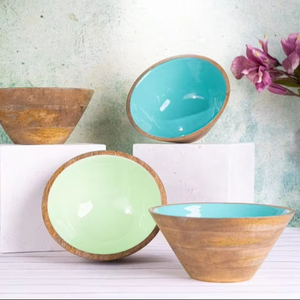 Bol en bois d'acacia écologique artisanal avec impression émaillée décorative, passe au lave-vaisselle et design personnalisable - Product Image 1