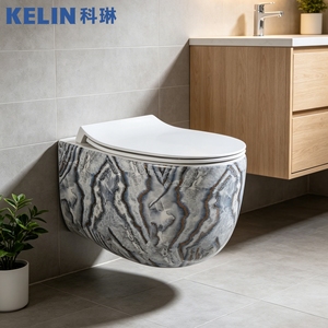 Cuvette de toilettes murale en céramique de luxe à motif marbre, à chasse d'eau tourbillon à haute température, avec abattant à fermeture douce - Product Image 1
