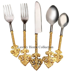 Feuille Design poignée couleur or brillant plaqué ensemble de couverts couverts argenterie ustensiles de cuisine fabriqués à la main fournitures de mariage de table - Product Image 6