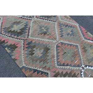 Alfombra Kilim turca Vintage 4,9 X 9.4ft Diseño de retazos verde rosa Clásico Hecho a mano Lana Poliéster Forma rectangular Látex vivo - Product Image 5