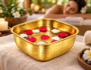Handmade Gold Hammered Copper Pedicure Bowl Square Wide Rim <b>Foot</b> <b>Bath</b> Basin for Spa and home use - Product Image 3