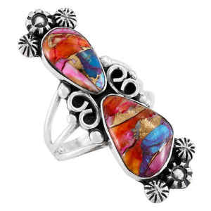 Bague Turquoise Naturel Kingman Rose Dahlia Turquoise Multicolore Turquoise Naturel Rose Épineux Oyster Bague En Laiton Bague À La Main - Product Image 2