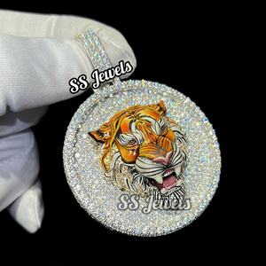 Custom 3D Tiger Face Hip Hop Pendant and <b>Necklace</b> 925 <b>Silver</b> with Fully Iced VVS Moissanite Diamond Picture Enamel - Product Image 1