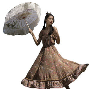 Vestido de verano con estampado de hombros descubiertos para mujer, vestido con volantes de longitud media, decoración de botones de tela tejida elegante, fiestas de cintura Natural - Product Image 1