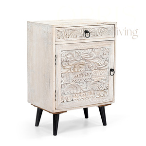 Chevet élégant en bois massif fait à la main, 2 tiroirs, motif floral sculpté, finition lisse, construction robuste, mobilier de chambre à coucher moderne - Product Image 5