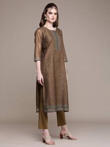 Mujeres étnicas marrón motivos étnicos impresos Poly chaderi Kurta con pantalones y Dupatta indio pakistaní salwaar kameez traje - Product Image 2