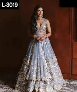 भारतीय और पाकिस्तानी शैली शादी पहनें नेट lehenga चोली के साथ कागज और जरी काम और Banglori साटन ब्लाउज और शुद्ध दुपट्टा सेट