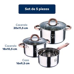 Set di pentole in acciaio inox da 5 pezzi (16, 18, 20 cm), adatto per induzione + set da cucina in silicone e legno di acacia da 5 pezzi - Product Image 2