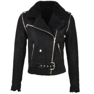Vente en gros de veste de style motard chauffante pour femmes en cuir véritable de haute qualité avec col en fourrure fermeture éclair noire mode hiver - Product Image 1
